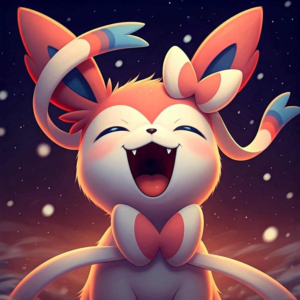 Laughing Chibi Sylveon in Anime Cartoon Style