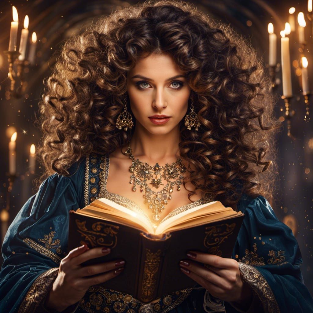 Baroque Woman Transfixed by Sparkling Spellbook