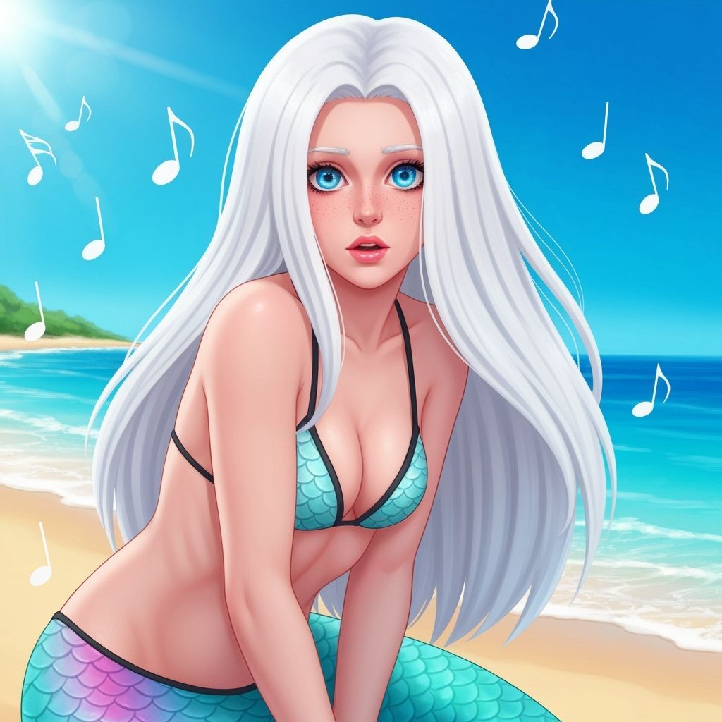 Photorealistic Mermaid Singing on Beach Shoreline