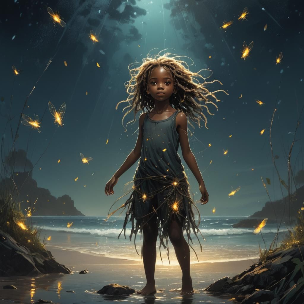 Ethereal Girl with Fireflies on a Grotesque Beach