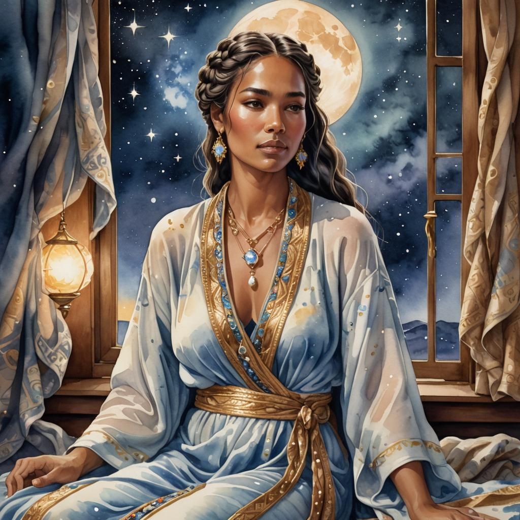 A Latin American stargazer braids with beads, gazes out a wi...