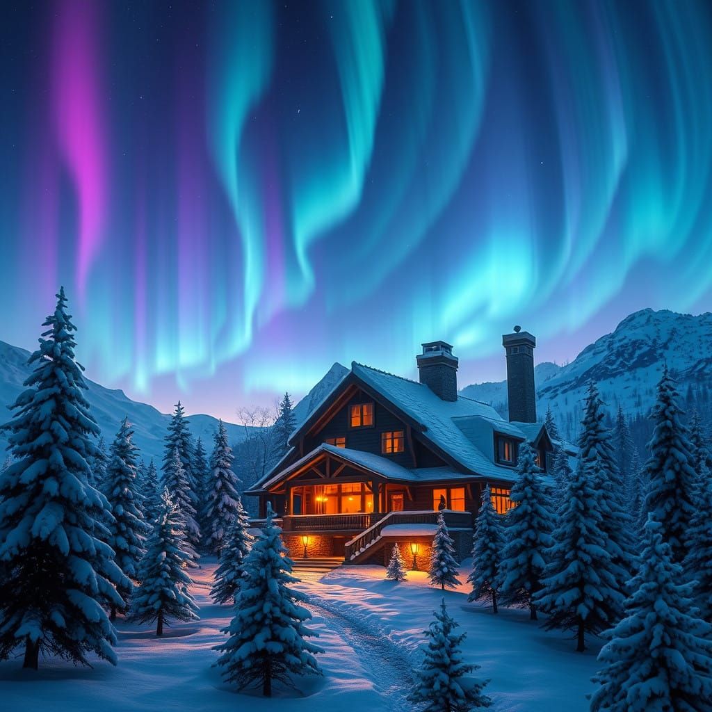 Surreal Alpine Lodge Amidst Aurora Borealis Majesty
