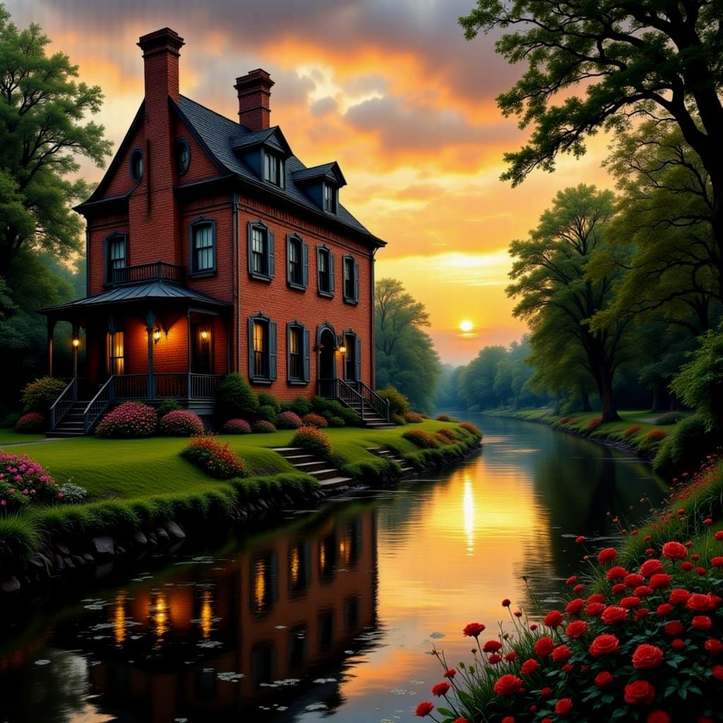 The brick georgian mansion on the river bank at sunset