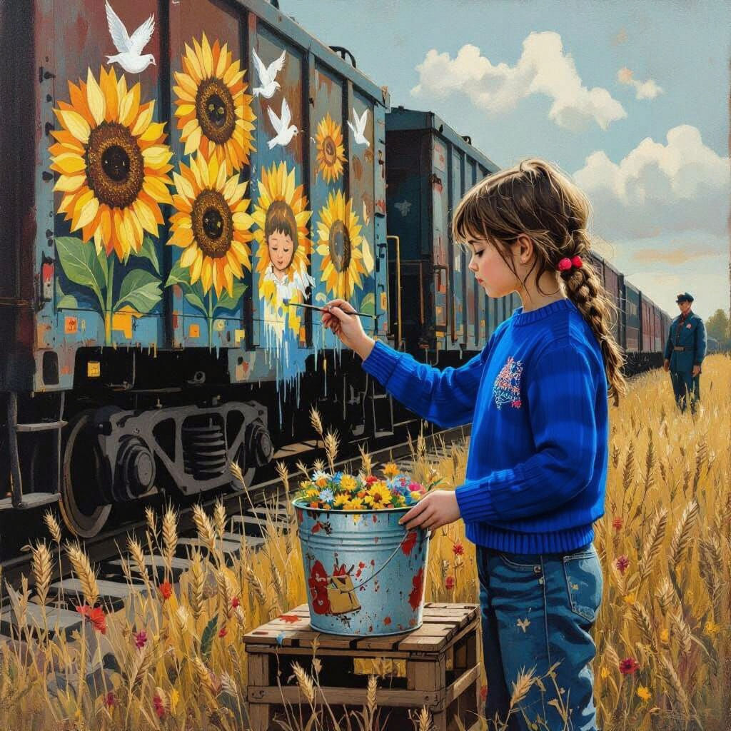 Girl Paints Sunflowers on Train Car, Gouache Style