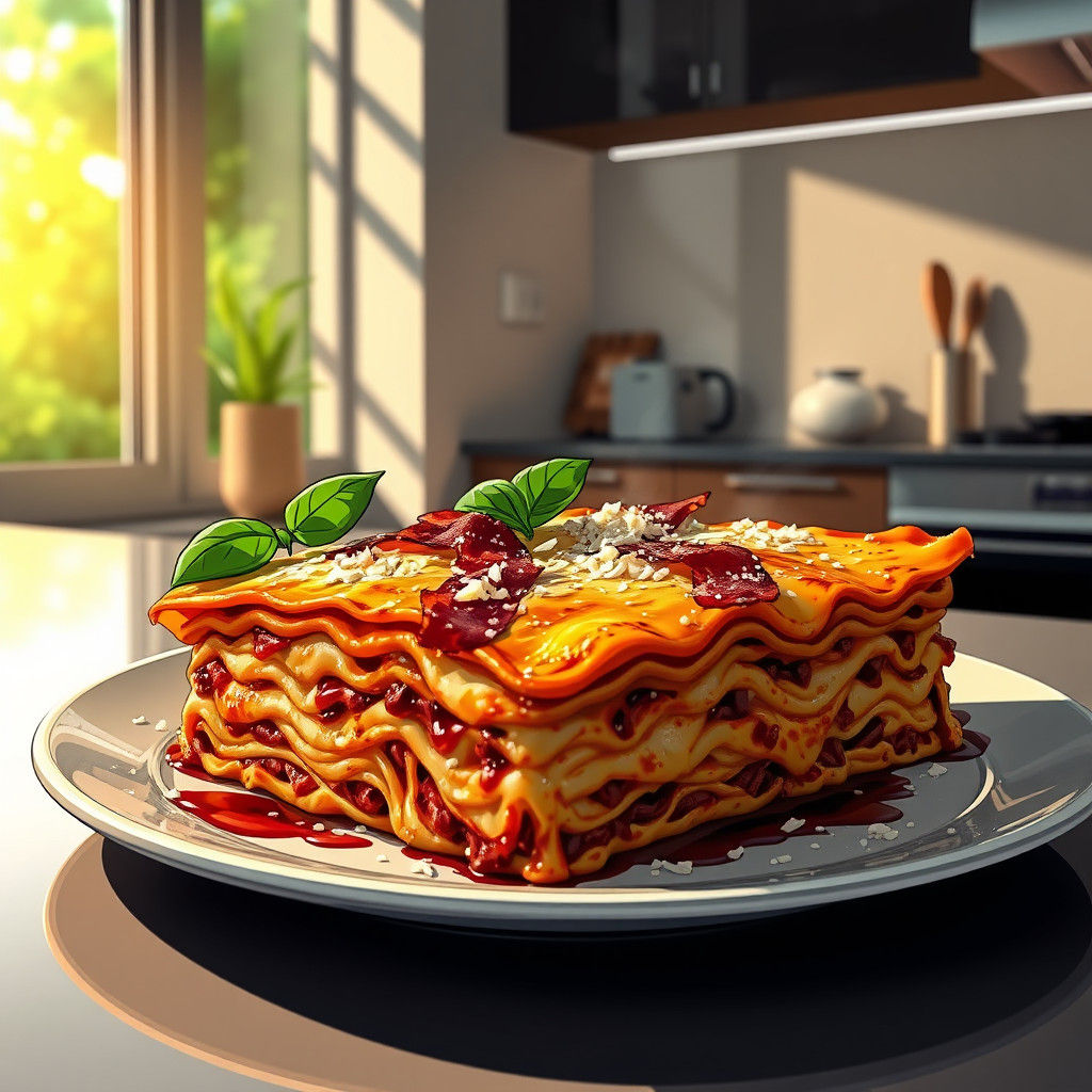 Delicious Four Cheese Lasagna in Anime Style