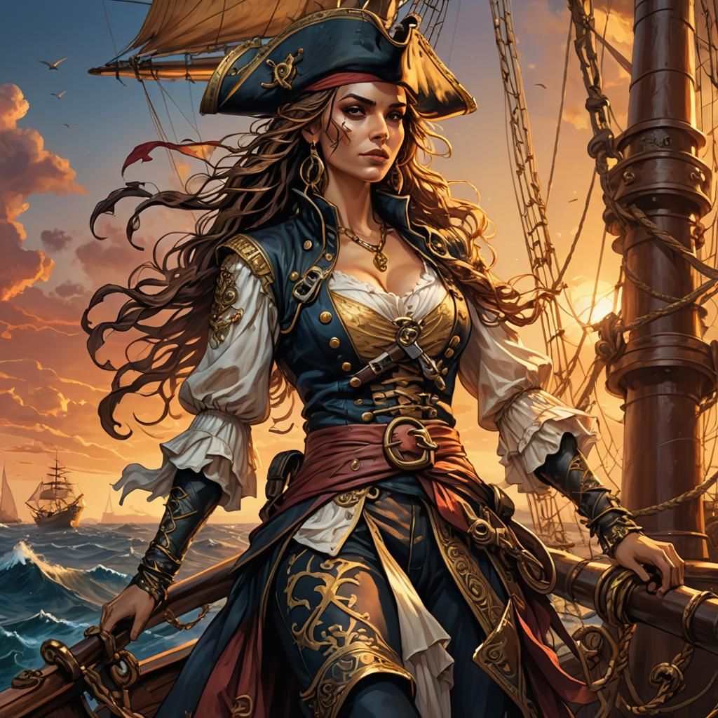 Piratess with striking features, perched on the prow of a sh...