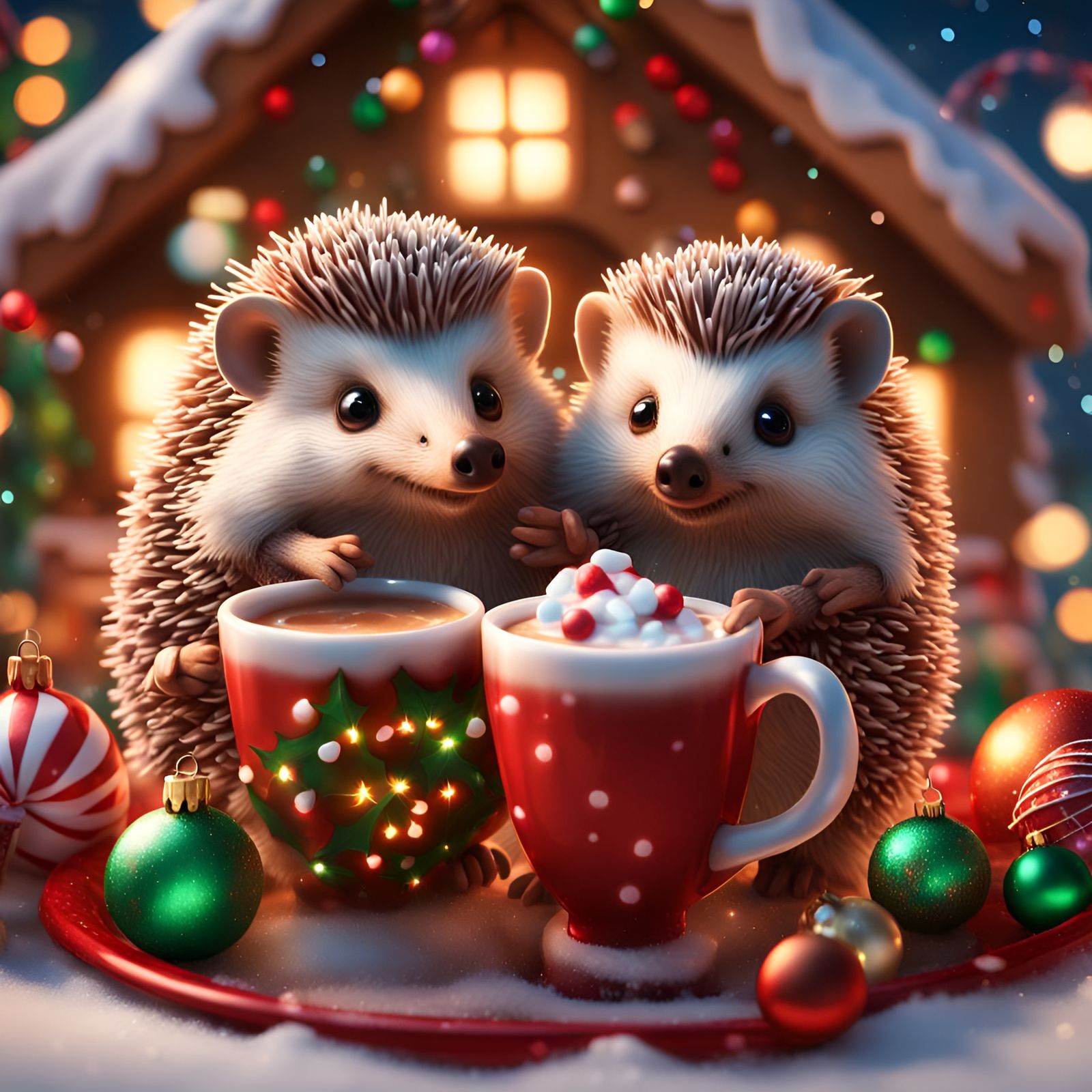 Festive Hedgehogs Enjoy Christmas in Gingerbread House