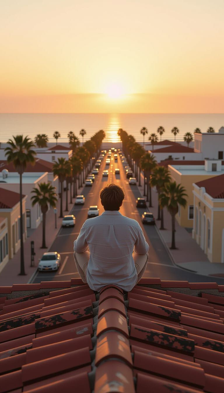 Rooftop Sunset View in Futuristic Digital Art Style