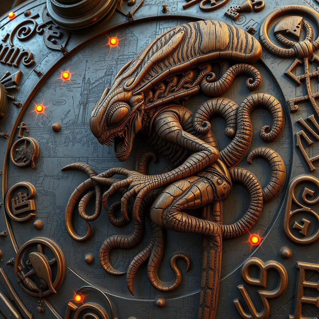 Alien Heroic Saga Carved in Wood on Spaceship