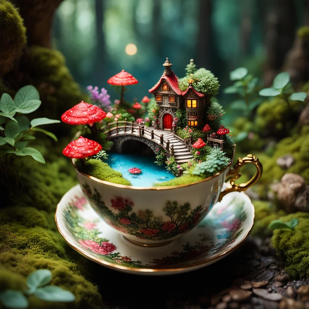 Miniature Fairy World Inside Antique Teacup
