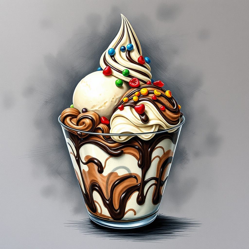 Decadent Ice Cream Sundae in Charcoal Drawing Style
