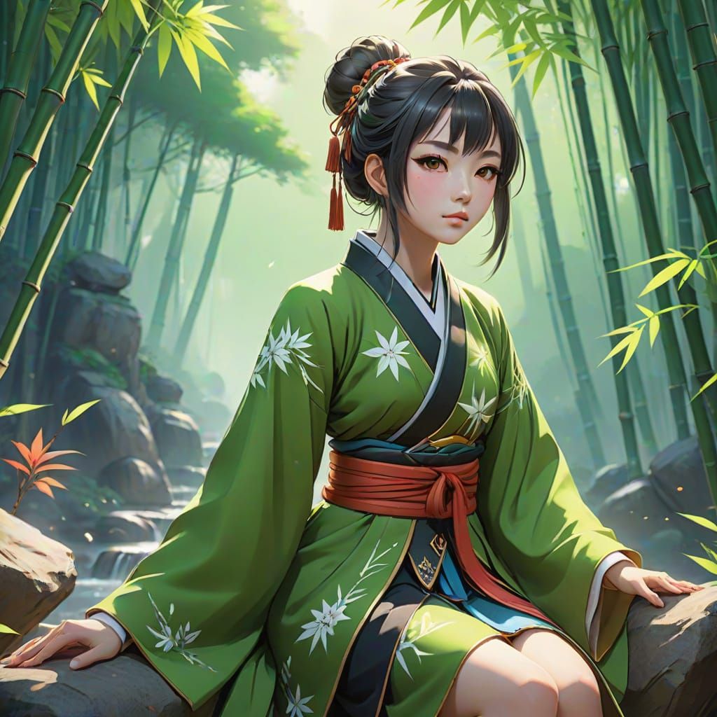 Ancient Chinese Girl Amidst Vibrant Bamboo Forest