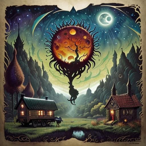 Mystical Storybook House by River in Color Print