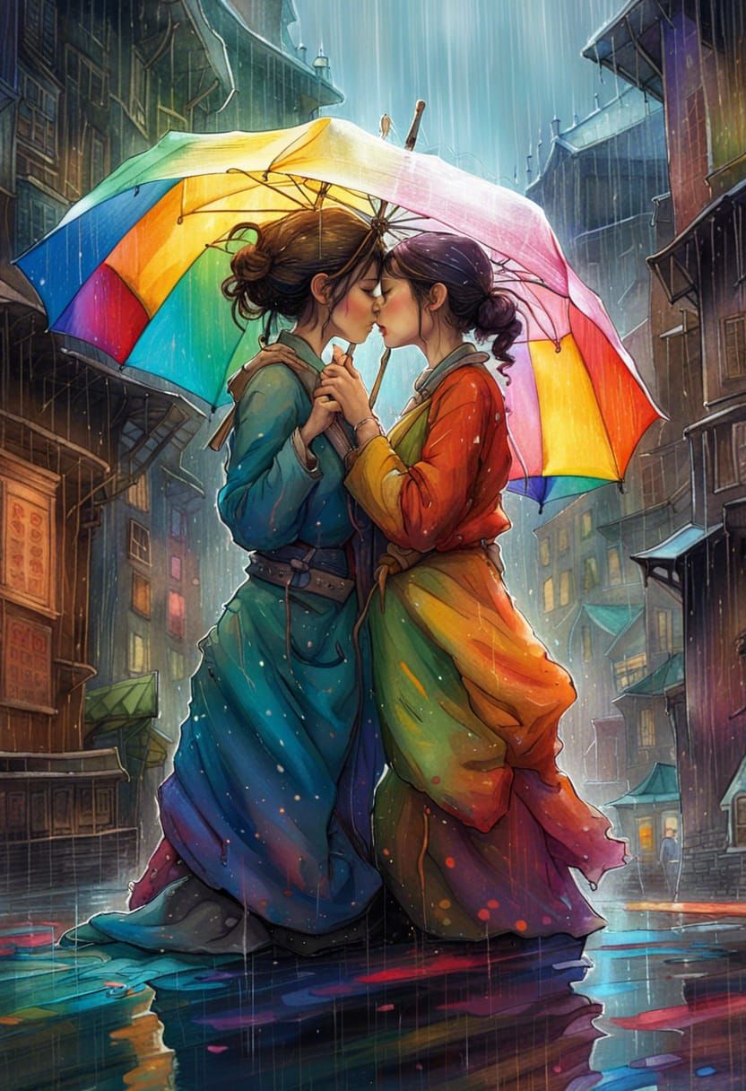 Romantic Kiss in Rainy Pride Celebration