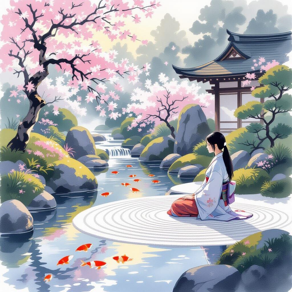 Serene Japanese Garden at Dawn with Woman
