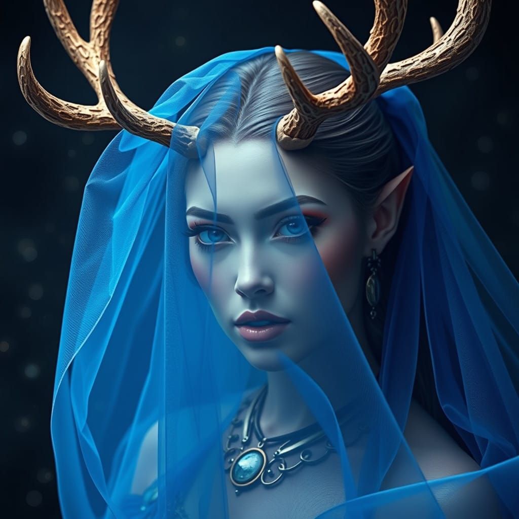 Cyberpunk Warrior Faun with Reindeer Antlers and Sapphire Ve...