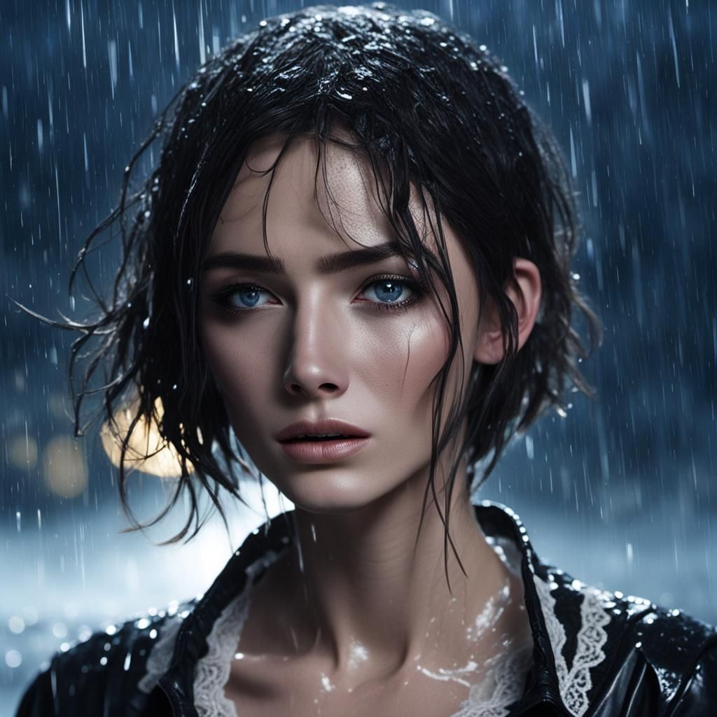 Sad Woman in Rainy Night Sky, Charcoal Drawing