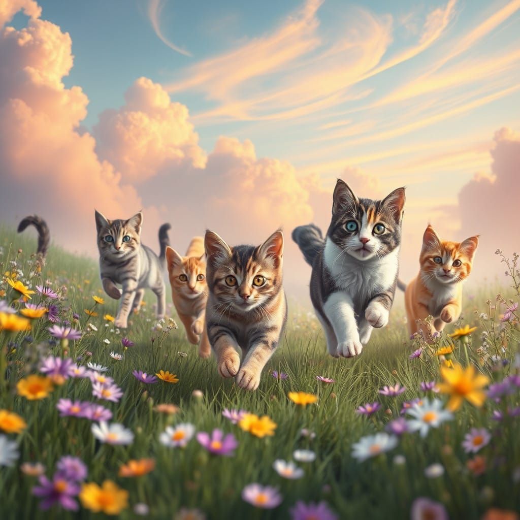 Whimsical Felines in Vibrant Flowery Meadow under Surreal Or...