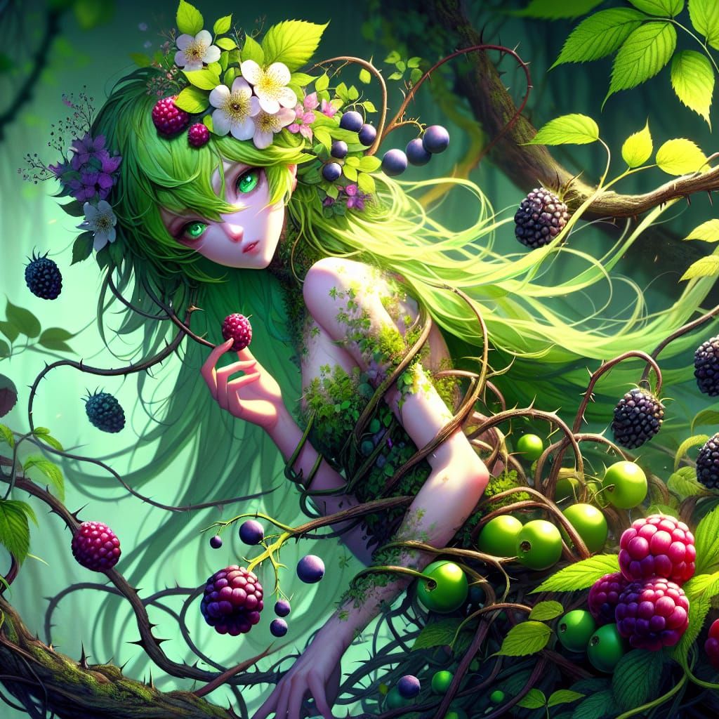 Anime Dryad Entangled in Blooming Blackberry Vines
