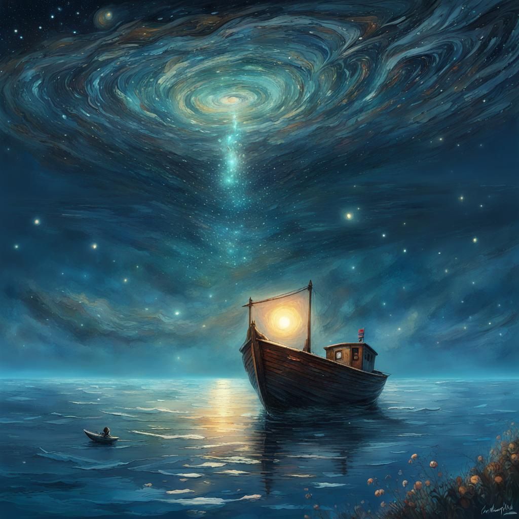 Boat on Starry Sea: Surreal Digital Art