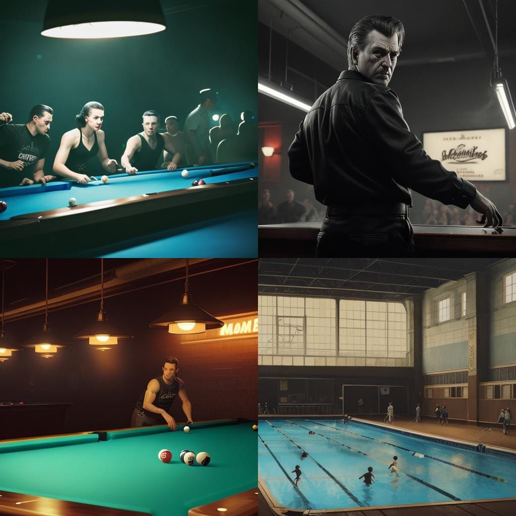 1940s Pool Hall Scene with Hustlers in Hyperrealism