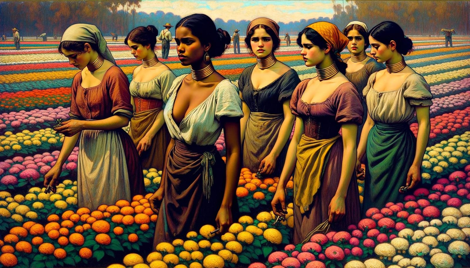 Flower Farm Workers in Post-Impressionist Style