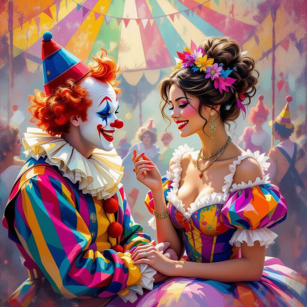 Woman and Clown in Vibrant Digital Painting
