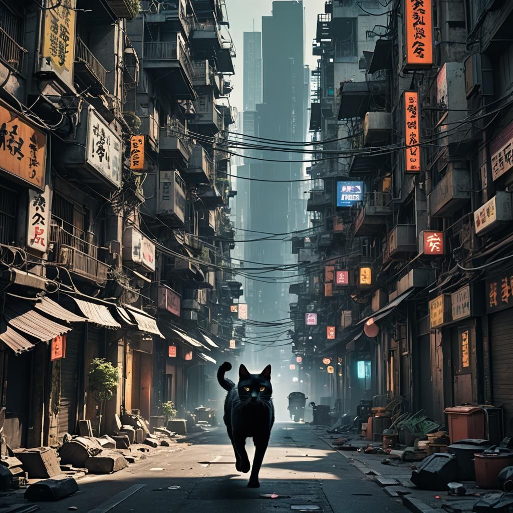 Cyberpunk Cat Escapes Kowloon: Noir CGI, Unreal Engine
