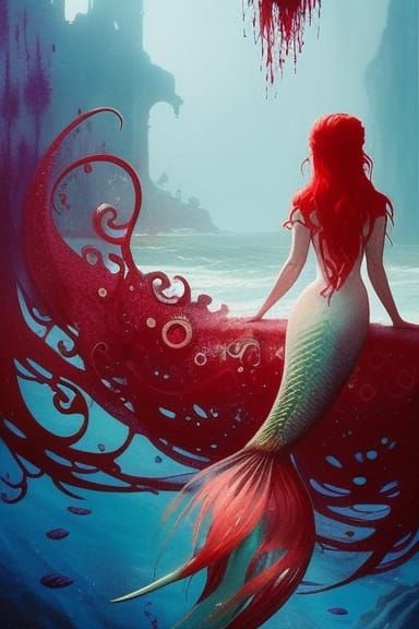 Gothic Mermaid with Red Hair in Detailed Gouache Painting