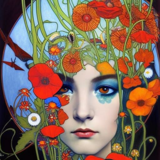 Dragonfly in Art Nouveau Style with Poppies