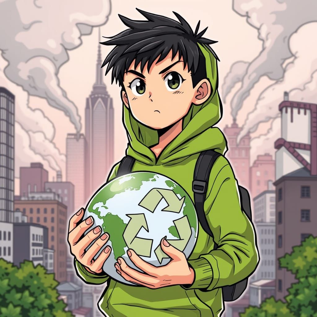 Environmentalist in Comic Manga Style Against Polluted City