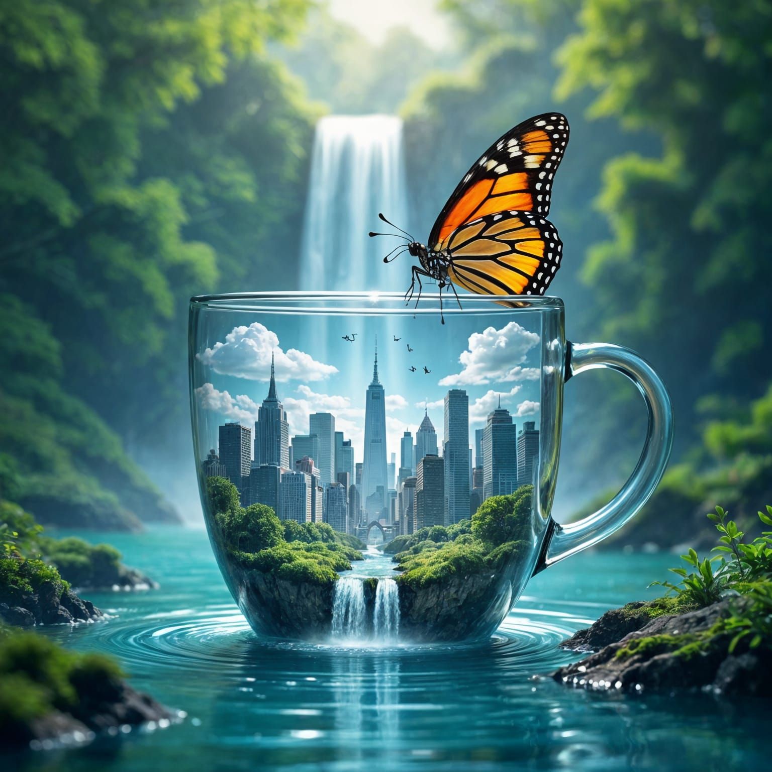 City in a Cup with Butterfly: 3D Render