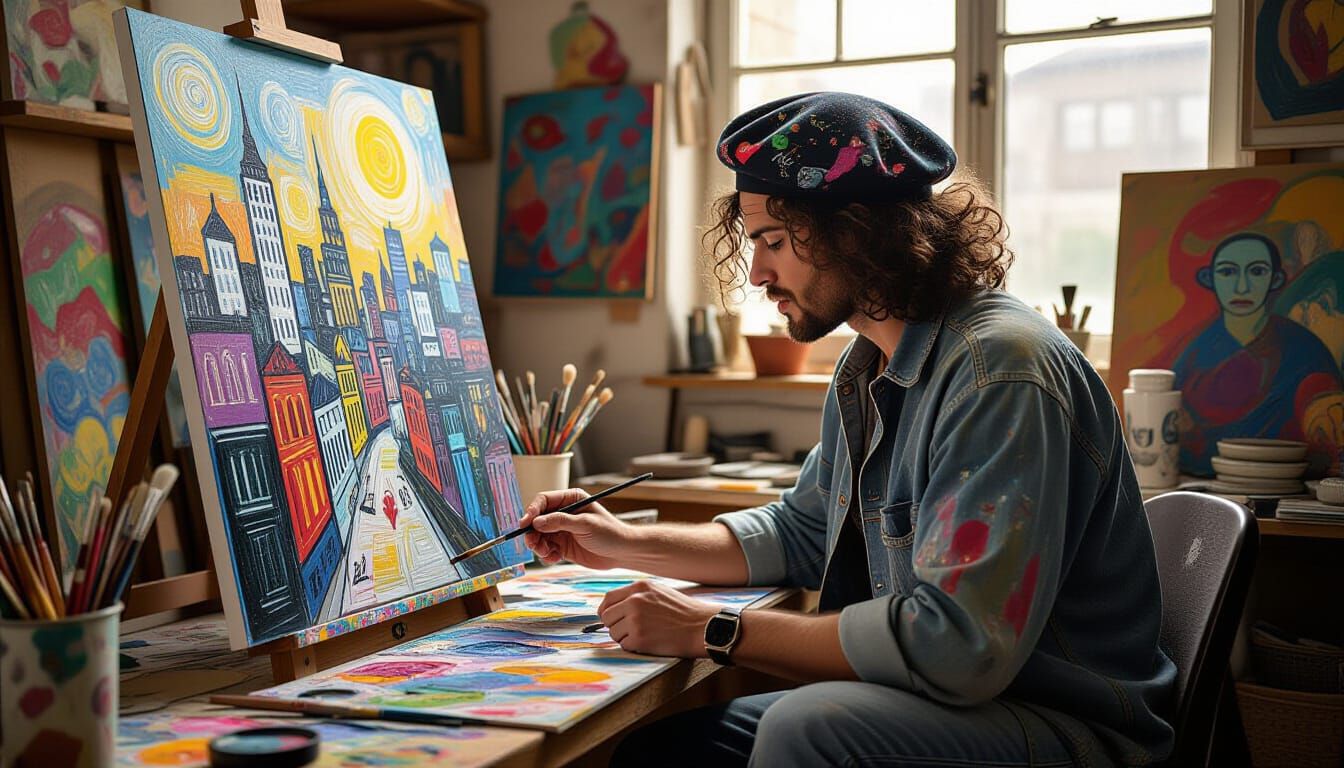 Artist in Studio Creating Expressionist Cityscape