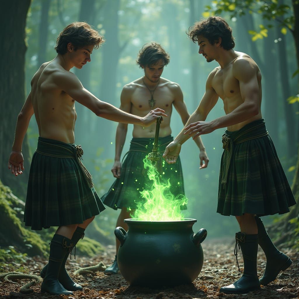 Mystical Kilted Wizards Dance Around Cauldron in Enchanted F...