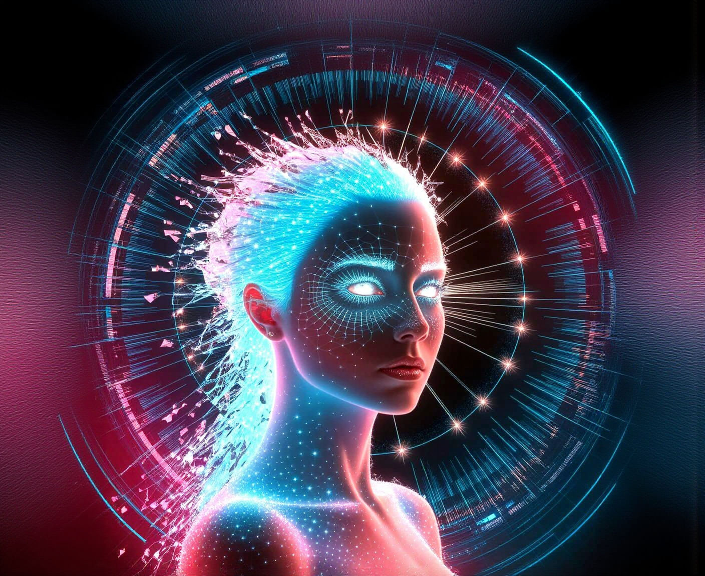 Bioluminescent Woman with Digital Glitch Art