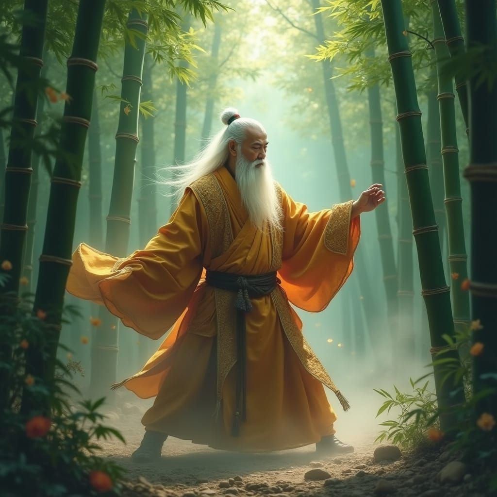 Majestic Shaolin Monk Practices Martial Arts in Bamboo Fores...