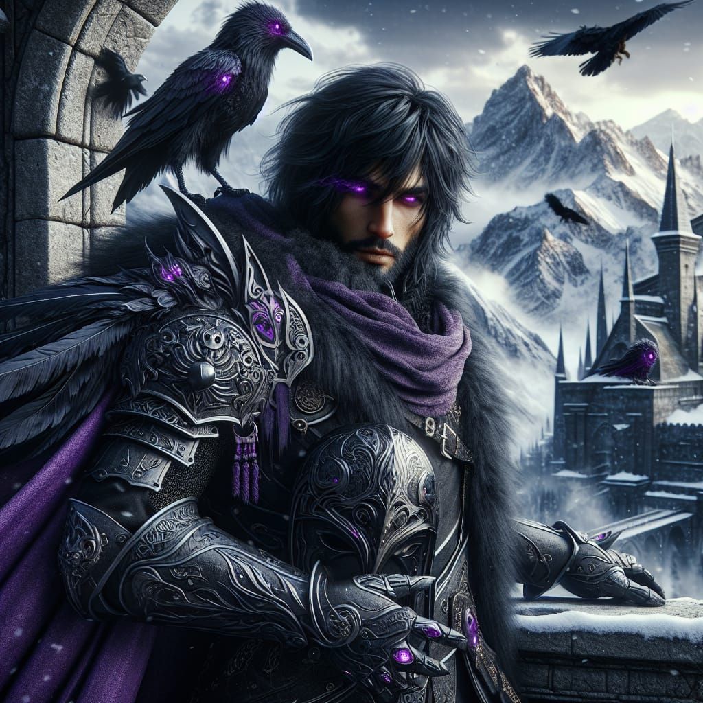 Brooding Knight with Crow Overlooking Medieval City