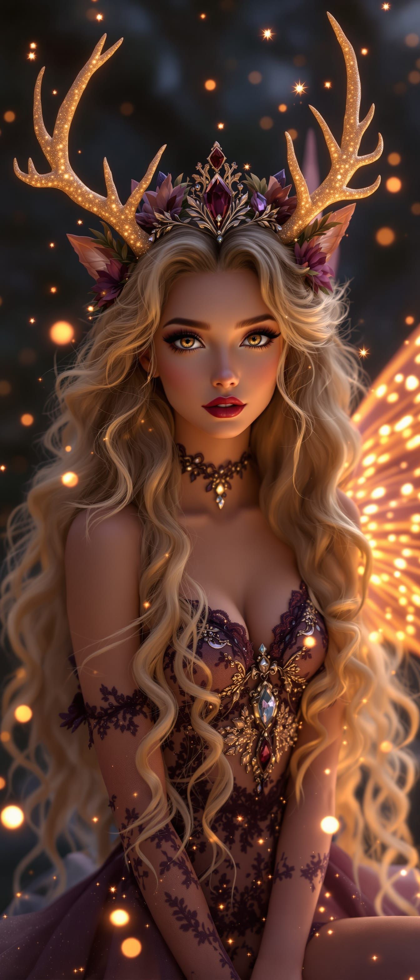 Shy Crystal Fairy Princess with Antlers in Ethereal Lighting