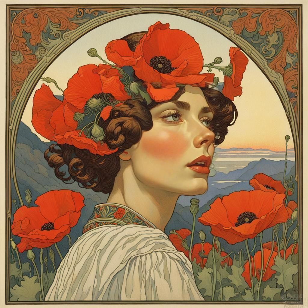 Woman with Poppies Portrait in Illustrative Style