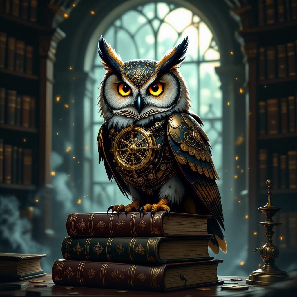 Magnificent Clockwork Owl in Steampunk Study