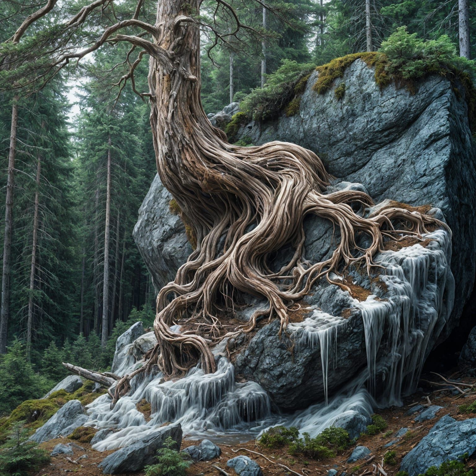 Eerie Pine Tree with Rotting Ice Illustration