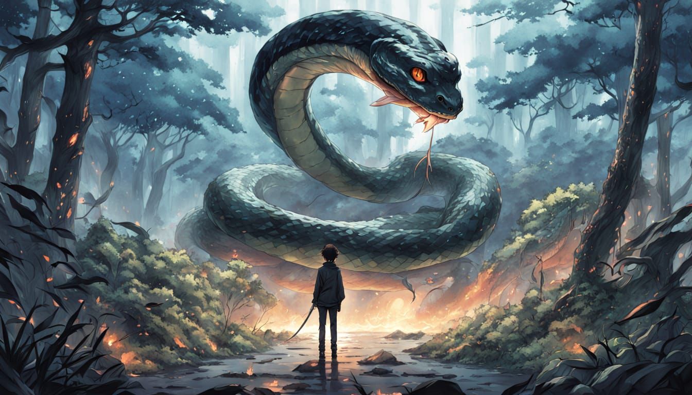 Anime Boy Confronts Giant Snake in Misty Forest