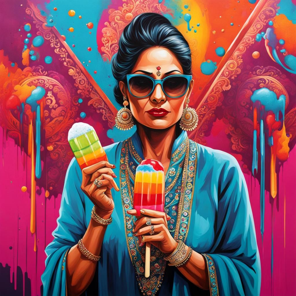 Elegant Indian Woman with Popsicle in Graffiti Art
