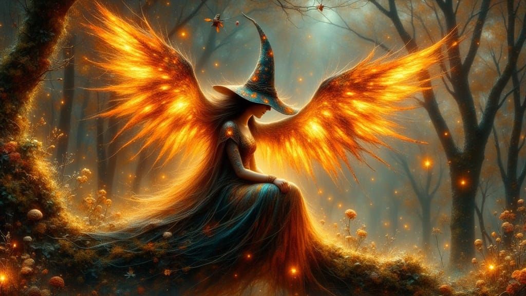 Witch with Star Shaped Wings Amidst Fiery Phoenix