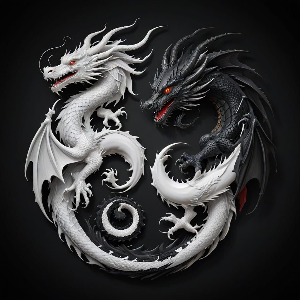 A yin and yang symbol made from two Dragons, one white and one black