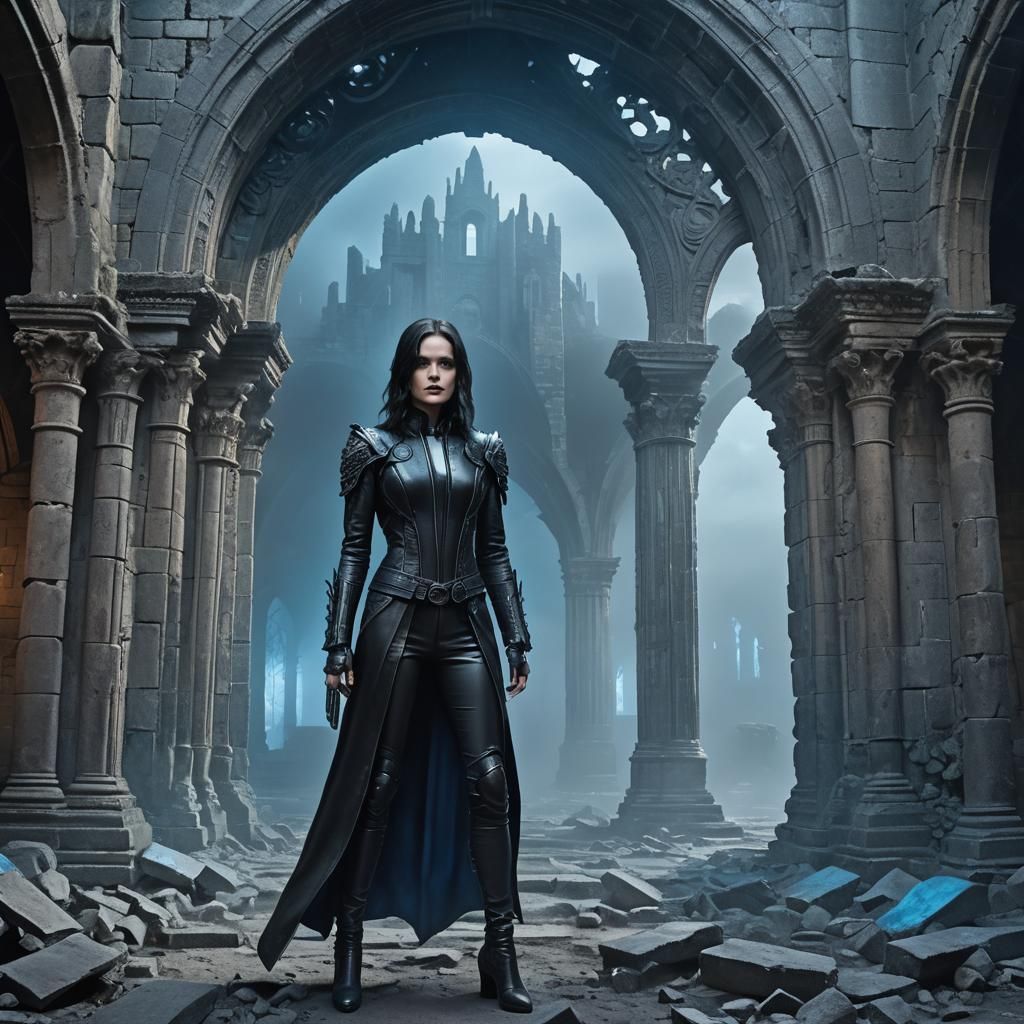 Selene in Gothic Ruins with Blue Lighting