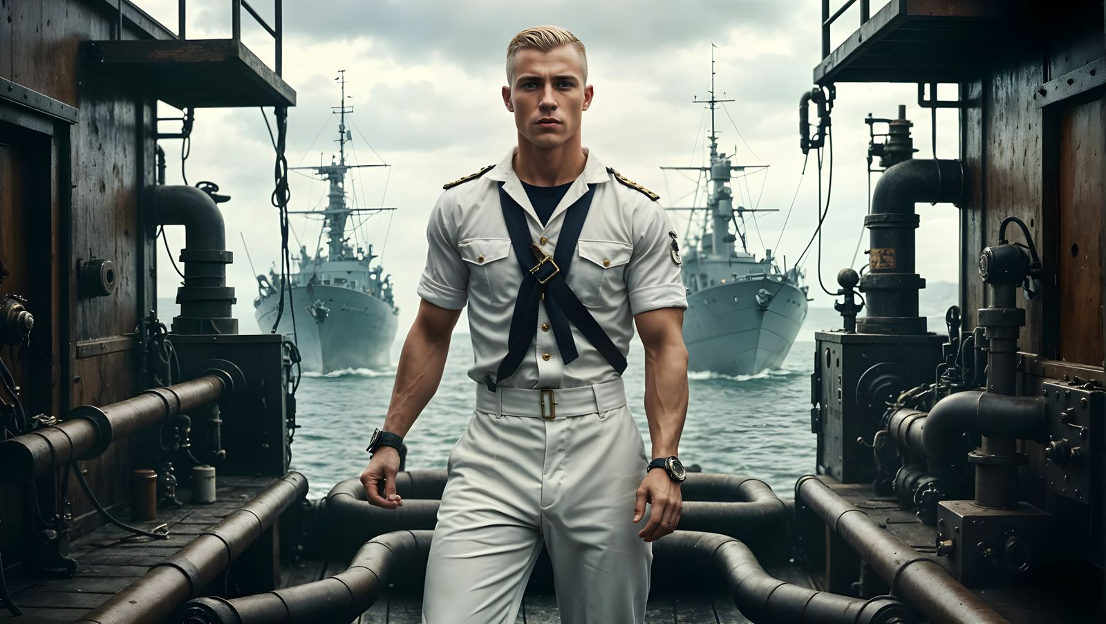 Sailor in Steampunk Attire on a Vintage Boat Dock