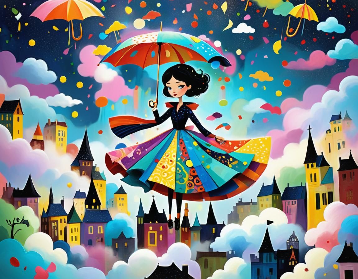 Whimsical Woman Floats Over Fantasy Cityscape
