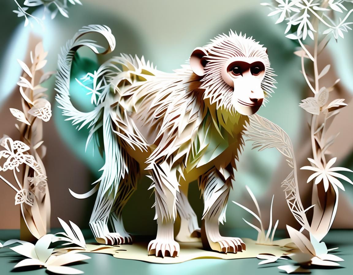 Detailed Kirigami Baboon Model in Digital Art