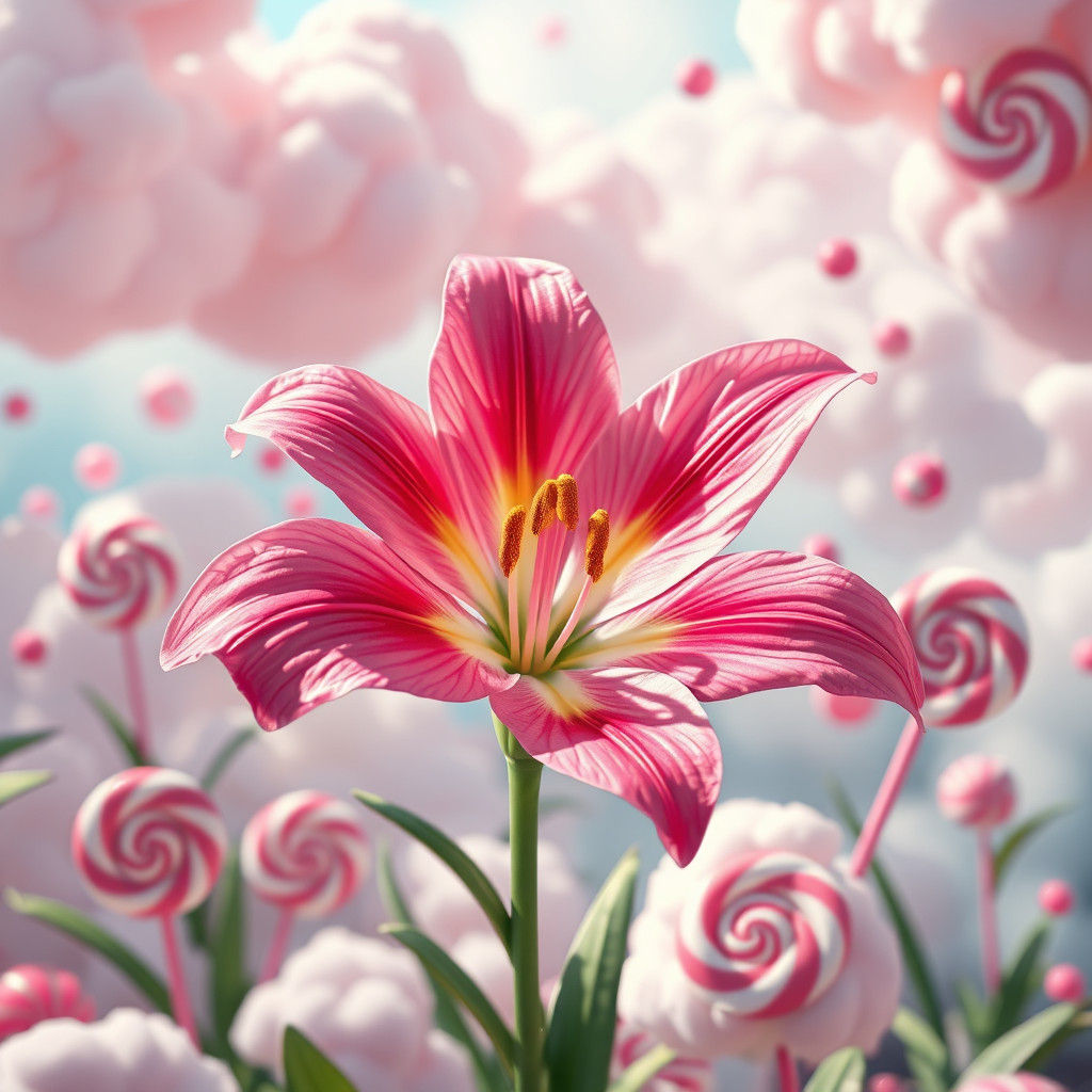 Pink Lily Blooms in Whimsical Candyland Landscape